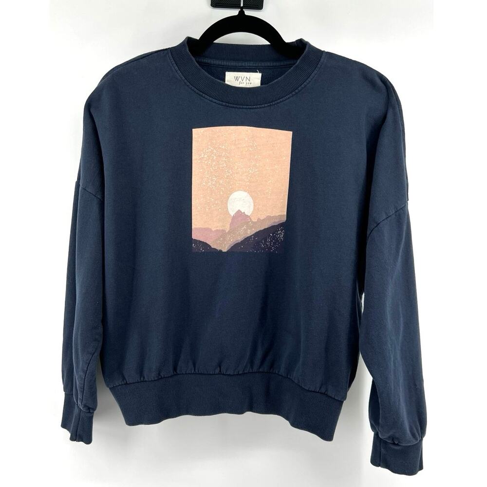 WVN For You | Navy Crewneck Sweatshirt Mountain Sunset Organic Cotton Size M